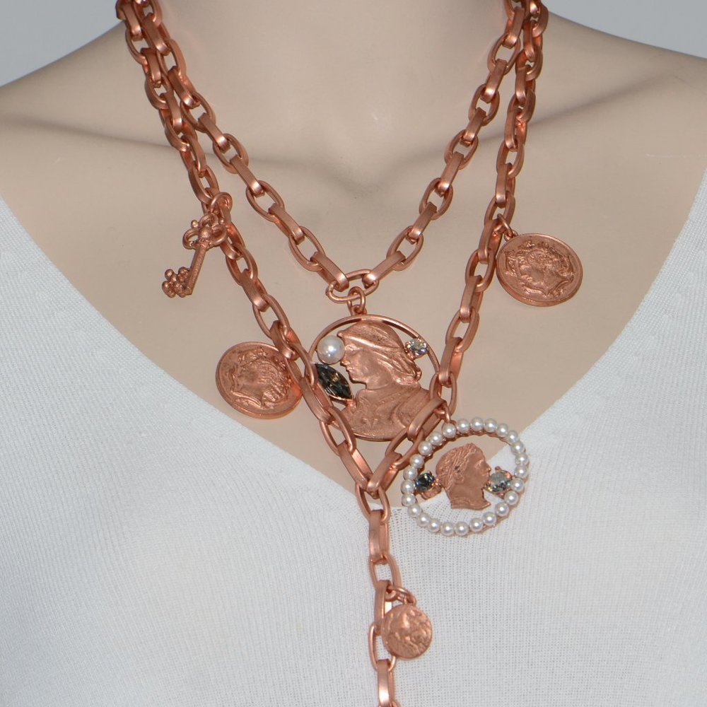 Oscar De La Renta Copper Finish Vintage Style Long Coin Necklace - Picture 4 of 9